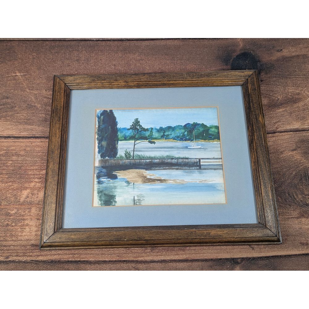 Framed Original‎ Watercolor Painting Lake Scene Sailboat 16"x 13"